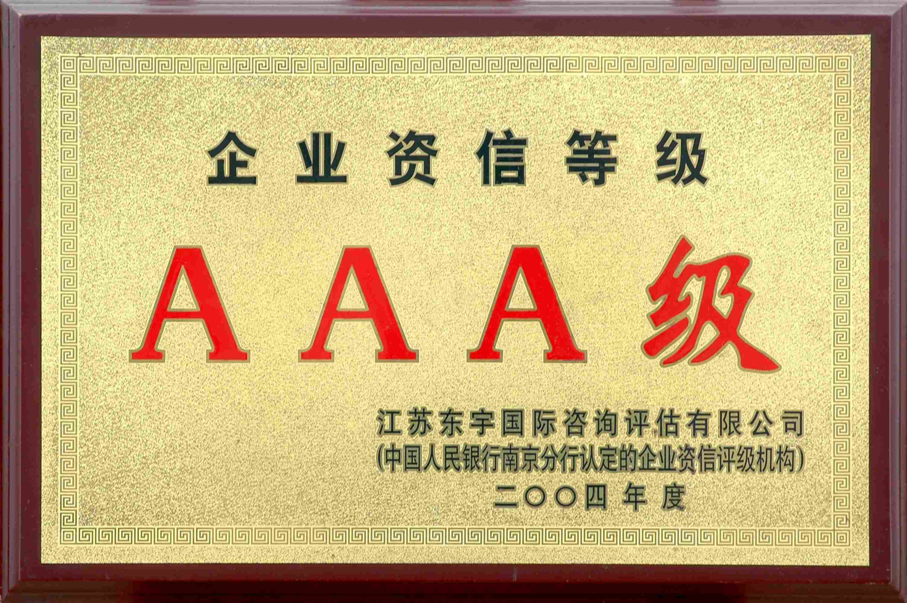2004年?yáng)|宇企業(yè)資信等級(jí)AAA級(jí)